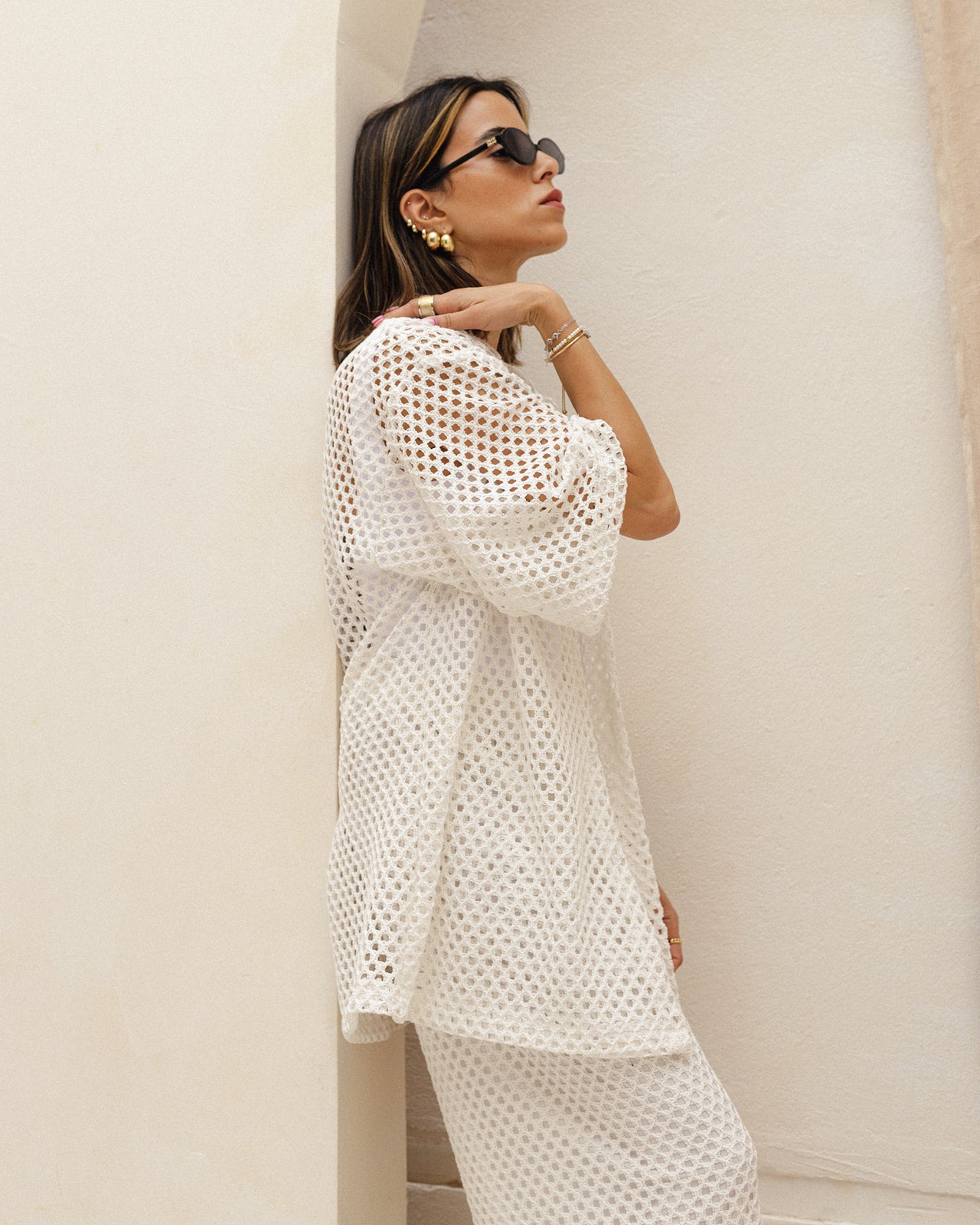 Crochet Shirt Set in White
