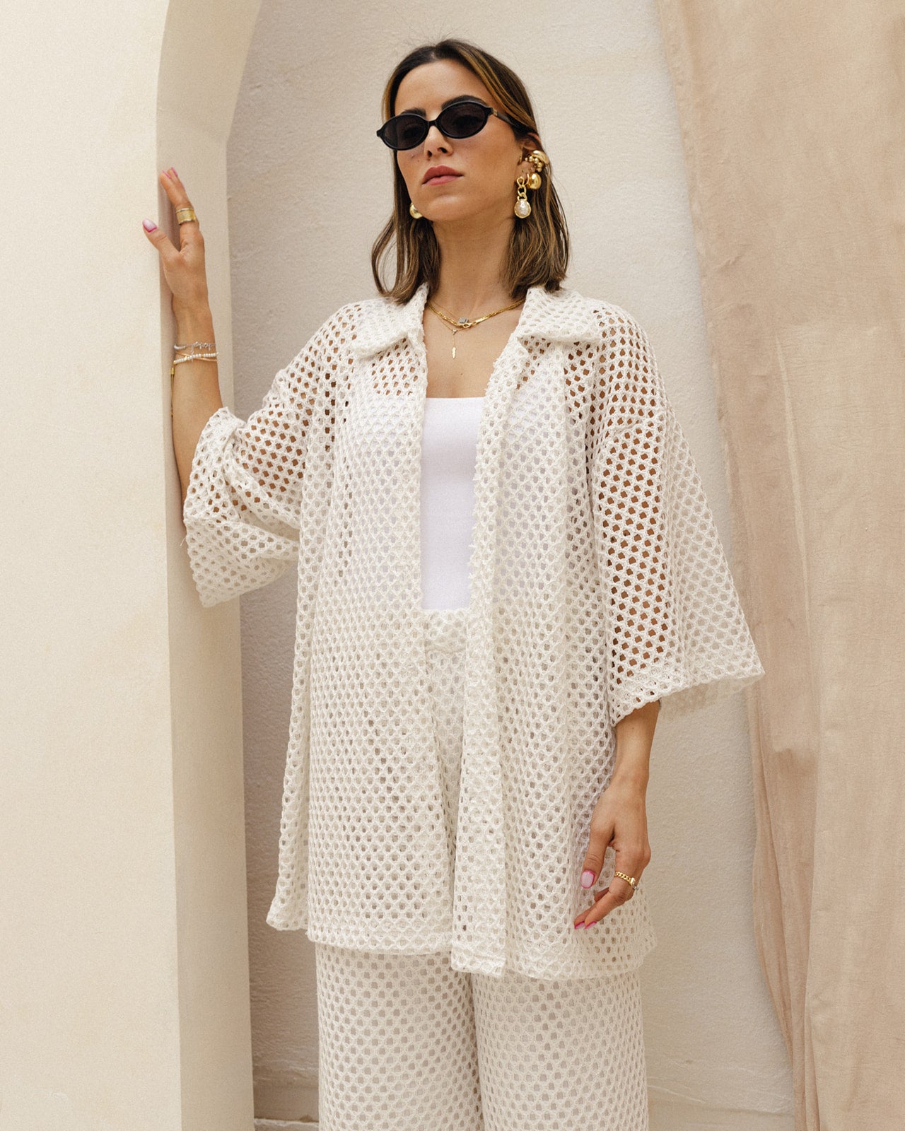 Crochet Shirt Set in White