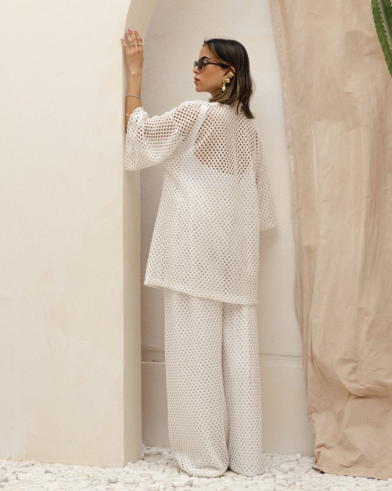 Crochet Shirt Set in White