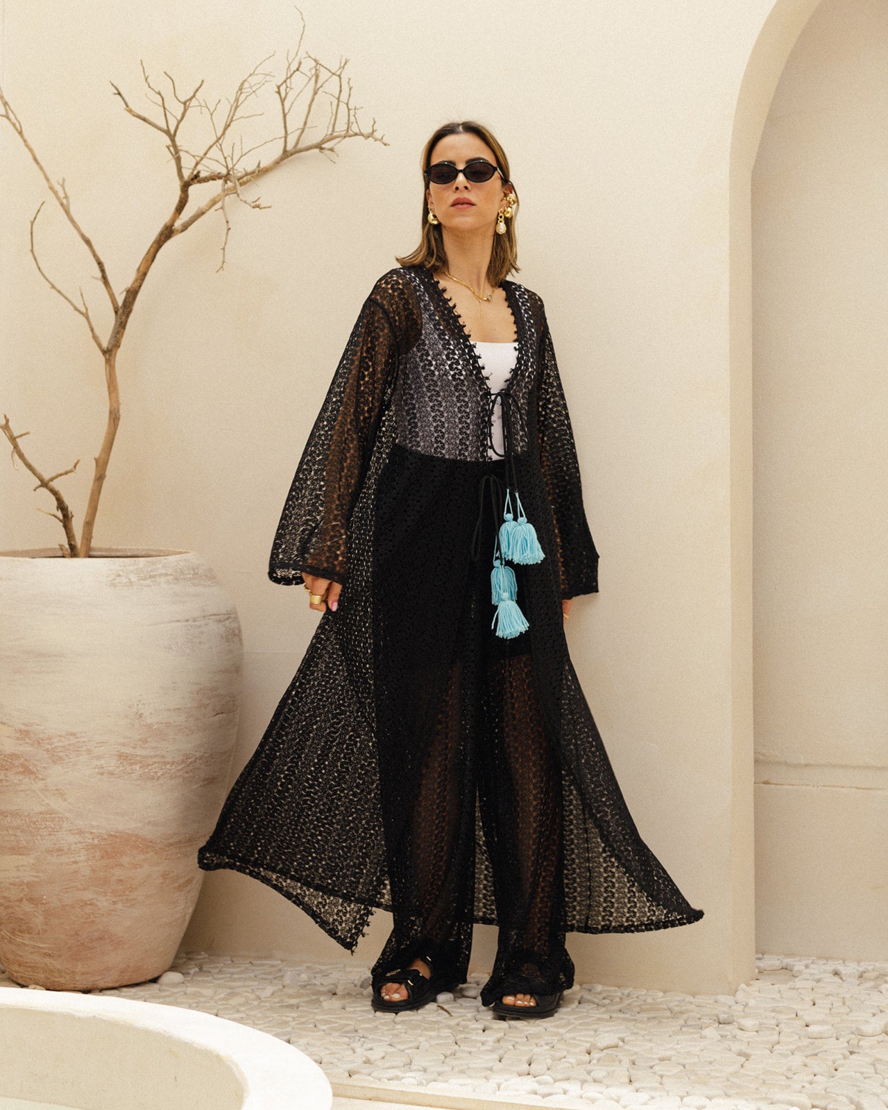 Net Long Cardigan Tussle Set in Blue