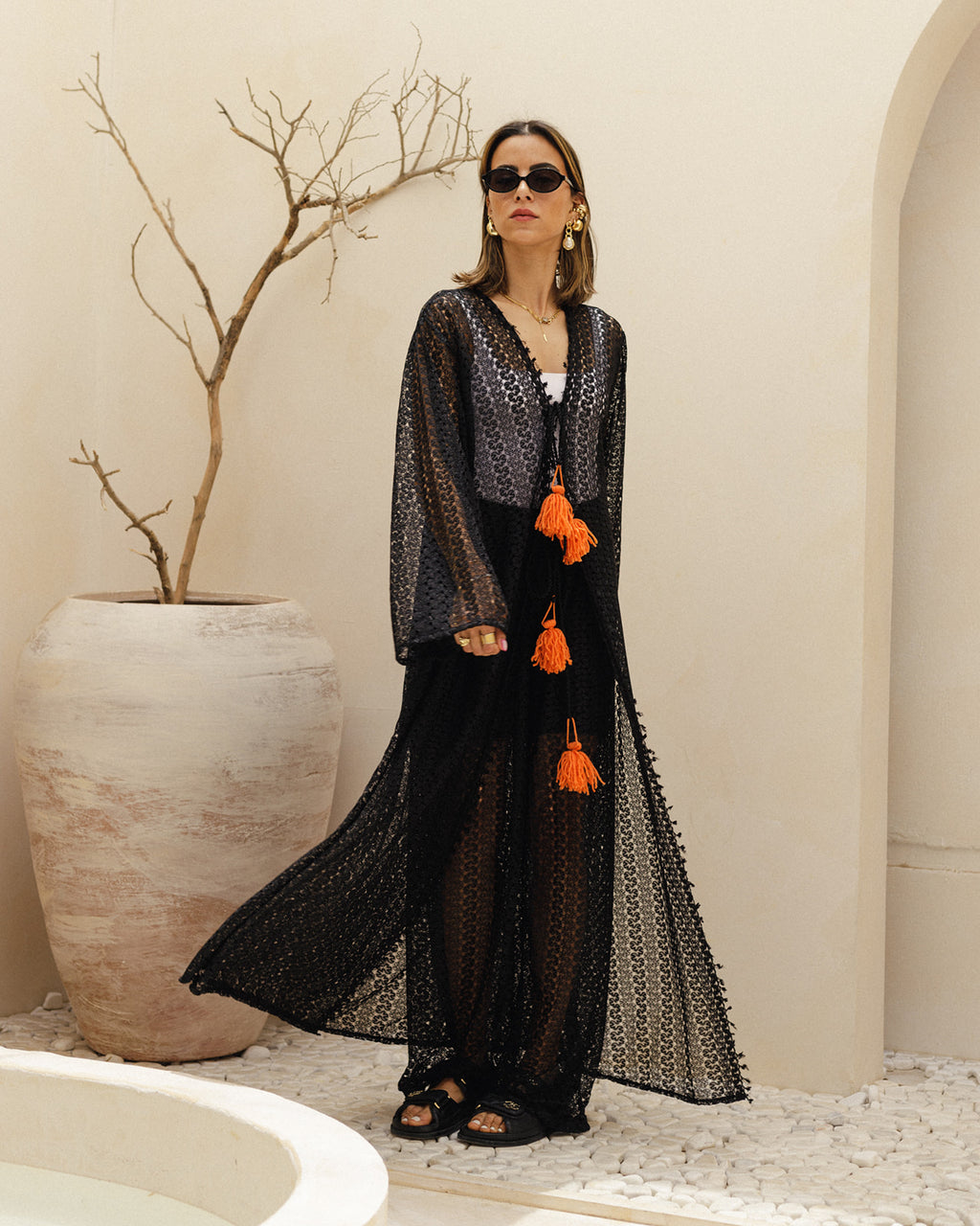 Net Long Cardigan Tussle Set in Orange
