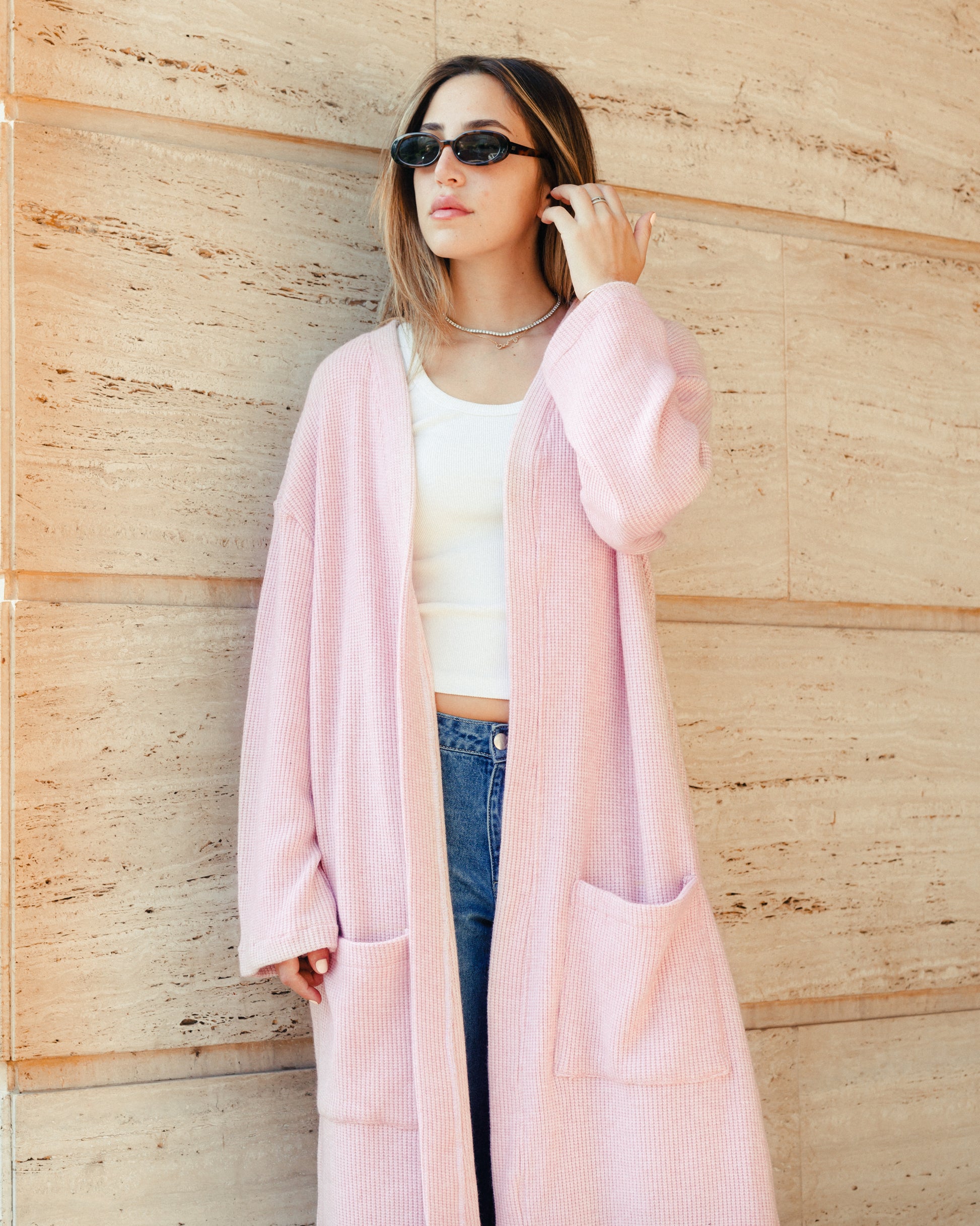 Knit Tricot Pockets Cardigan in Pink