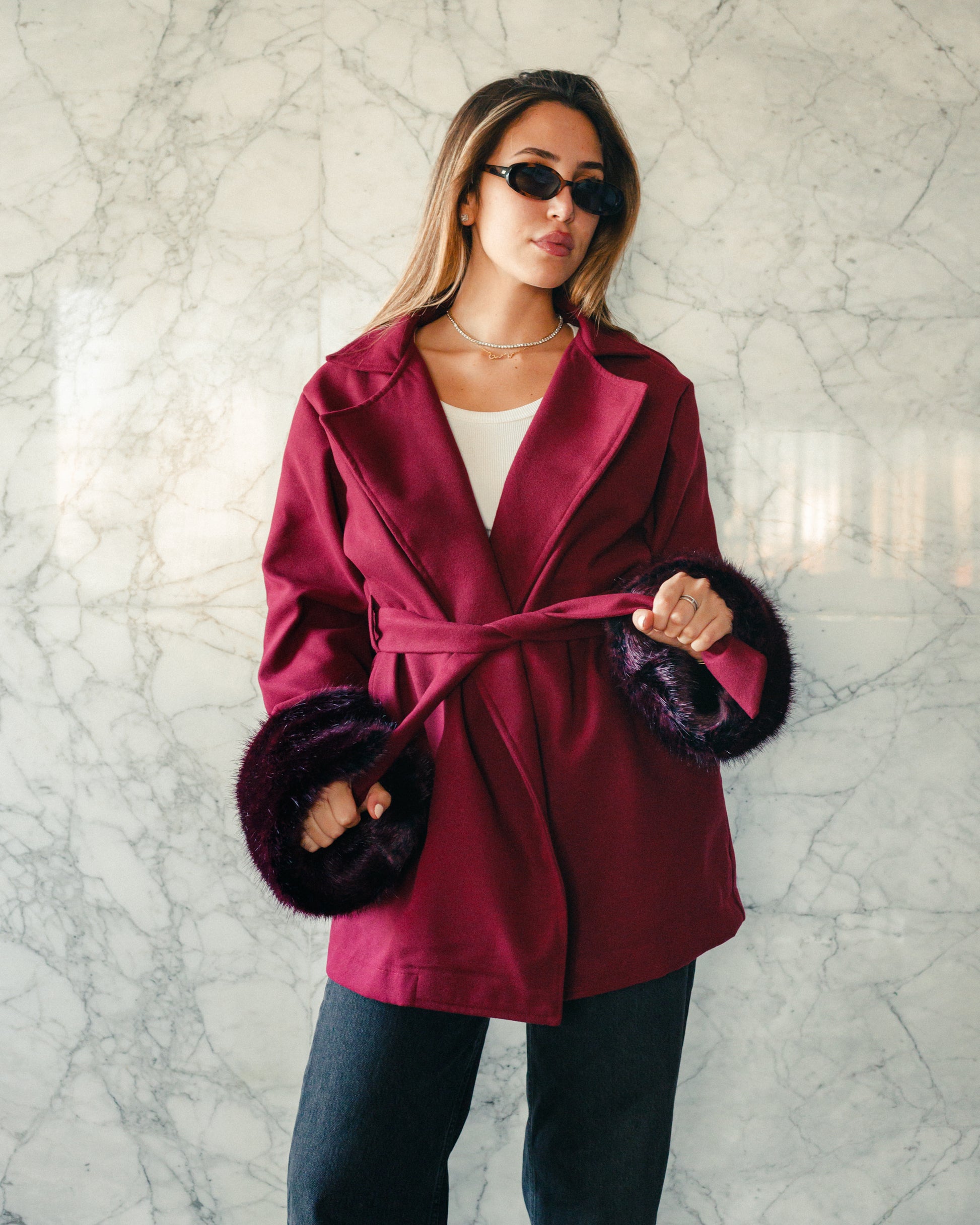 Wool Fur-Cuffs Jacket in Burgundy
