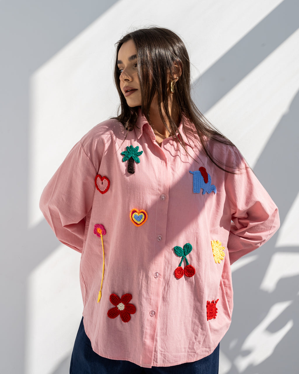 Linen Crochet Patch Shirt in Pink