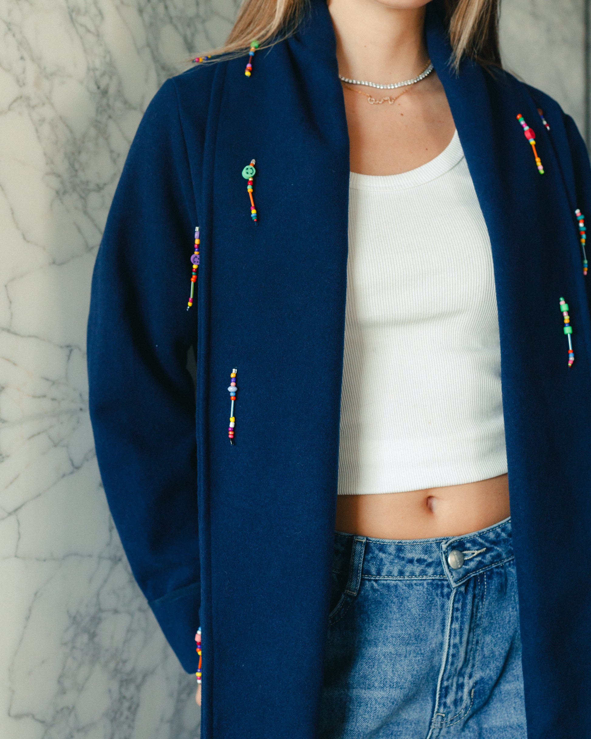 Wool Bead Party Coat in Navy Blue