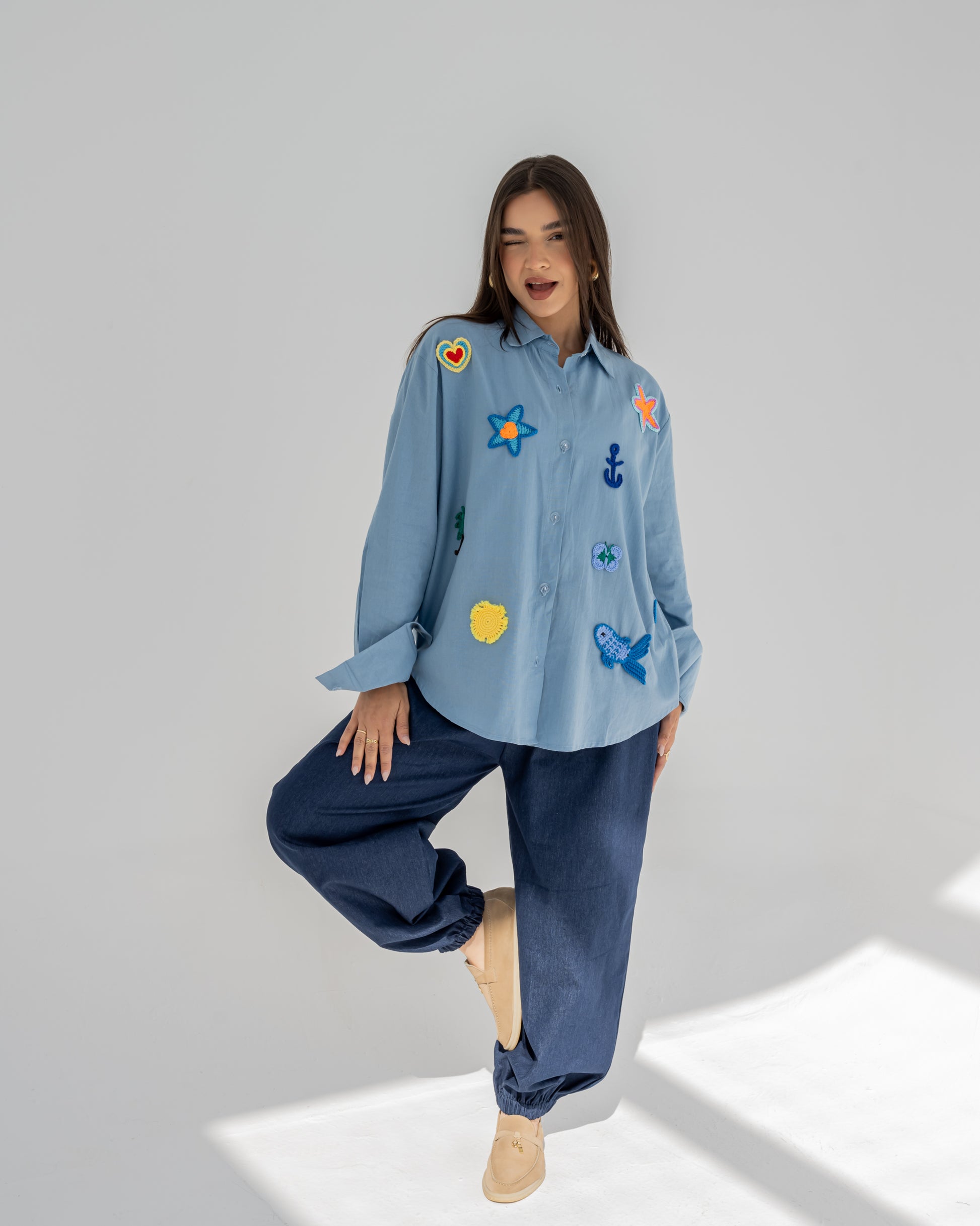 Linen Crochet Patch Shirt in Blue