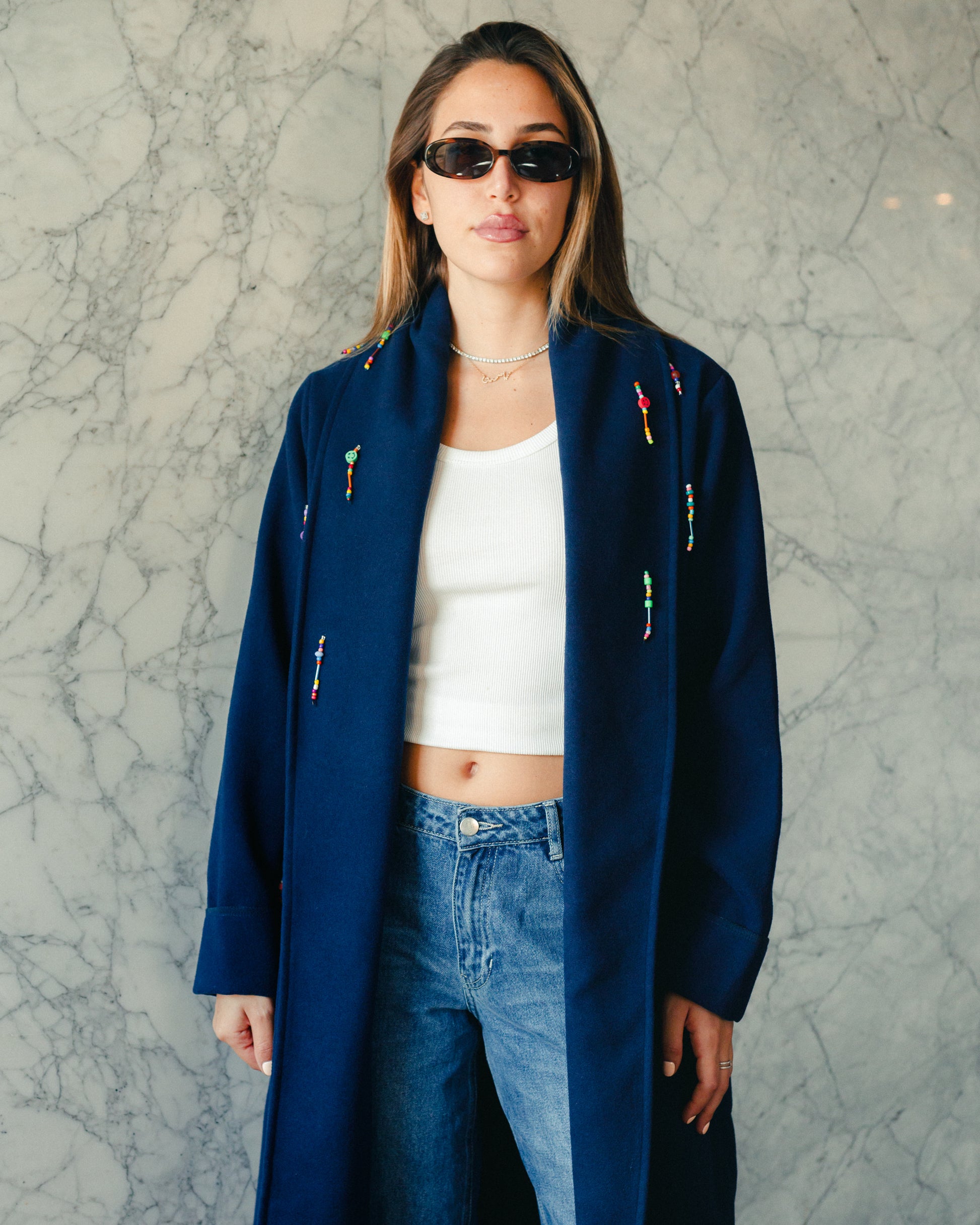 Wool Bead Party Coat in Navy Blue