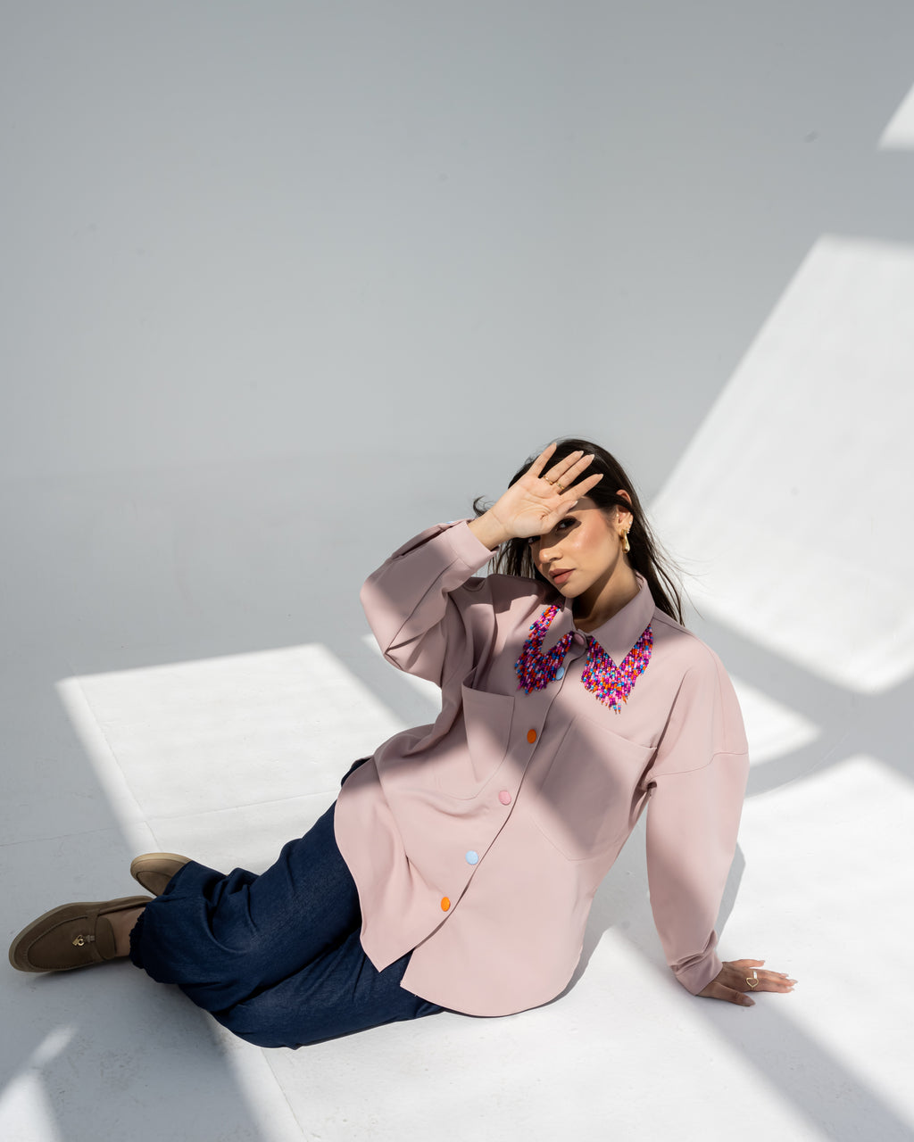 Beaded Bloom Denim Shirt in Pink