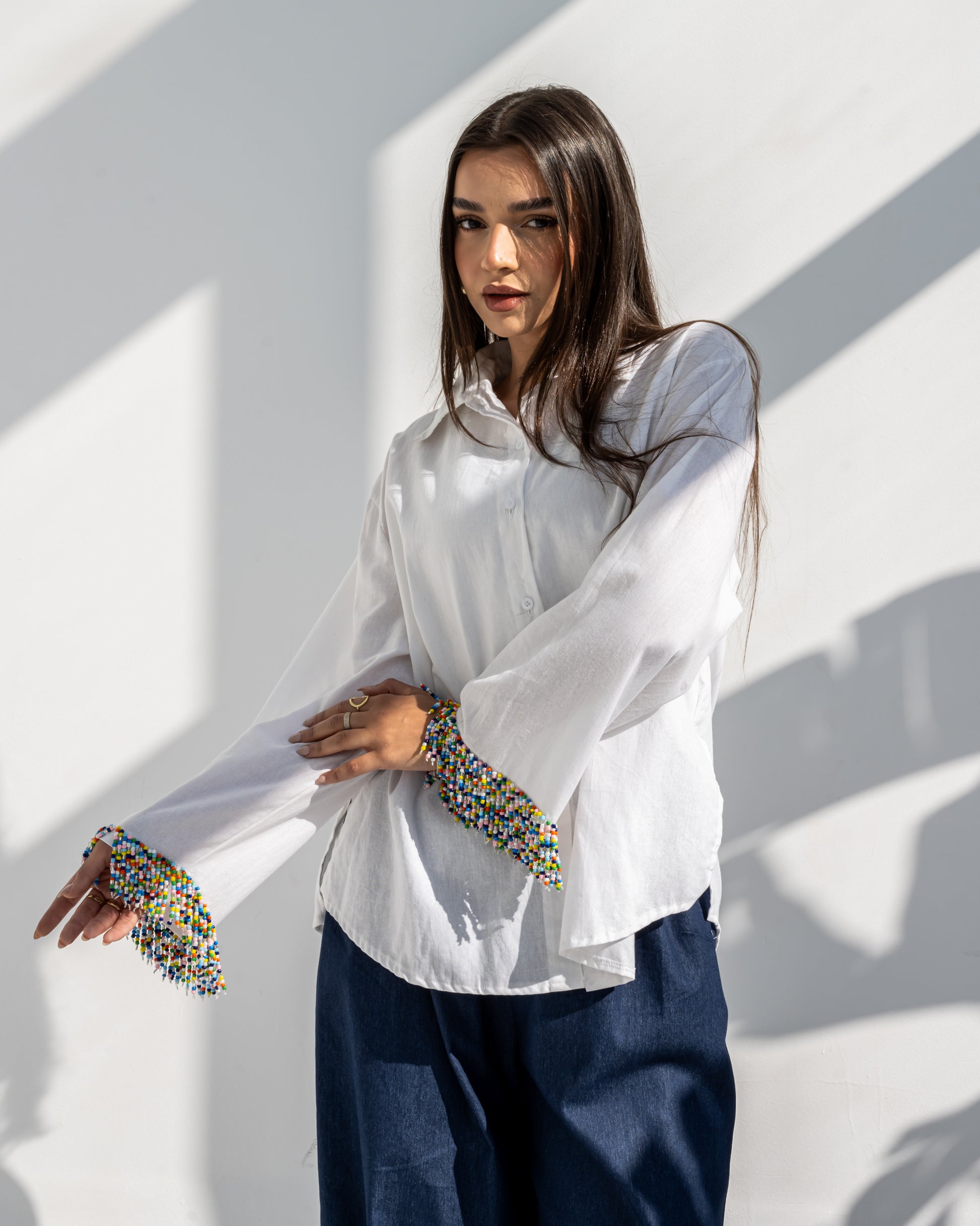 Linen Beads Shirt in White