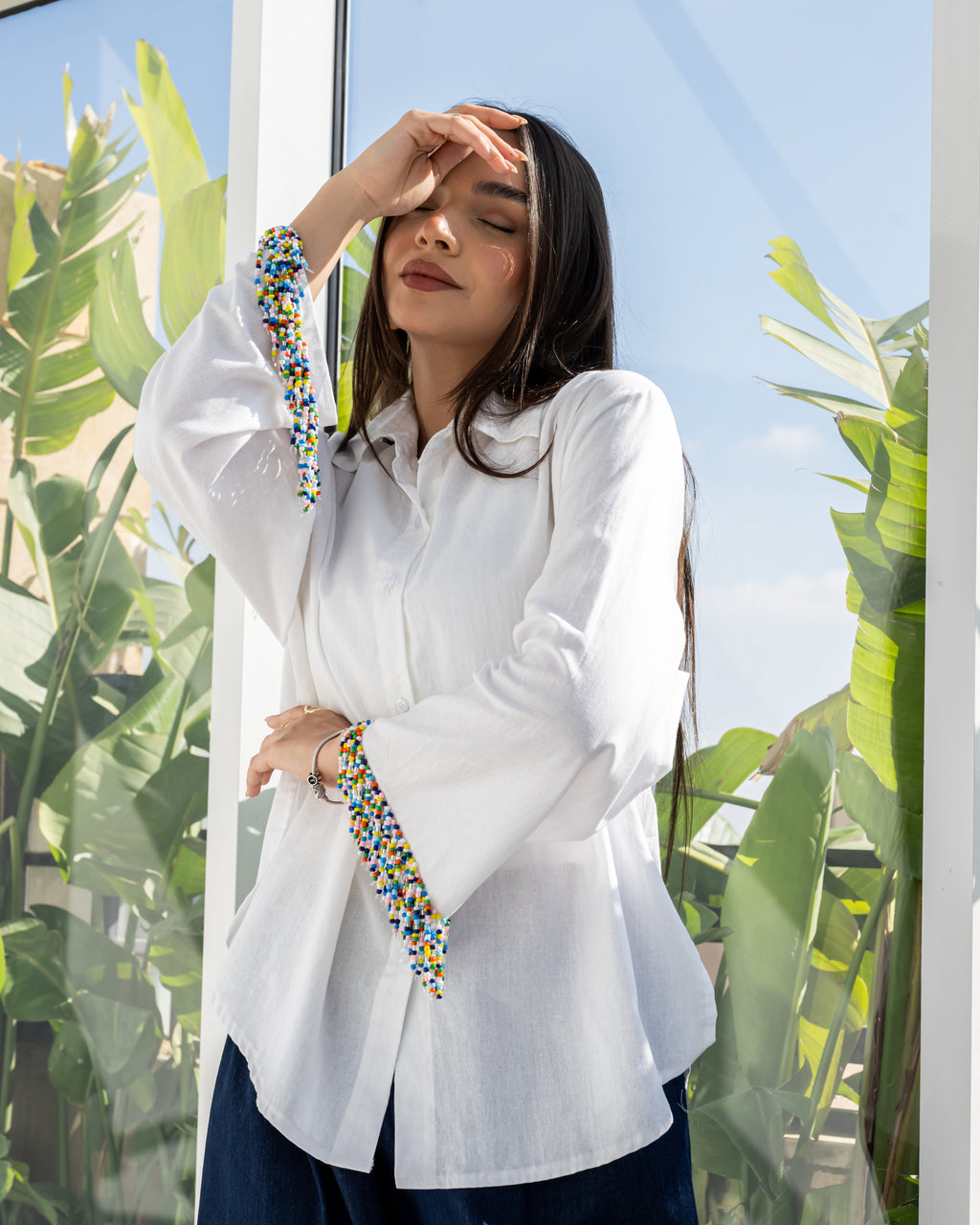 Linen Beads Shirt in White