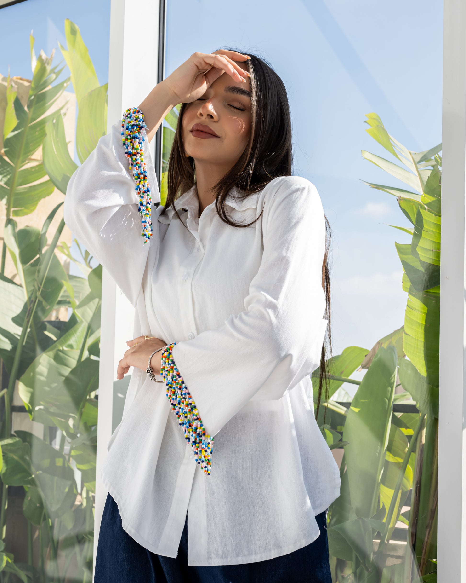 Linen Beads Shirt in White