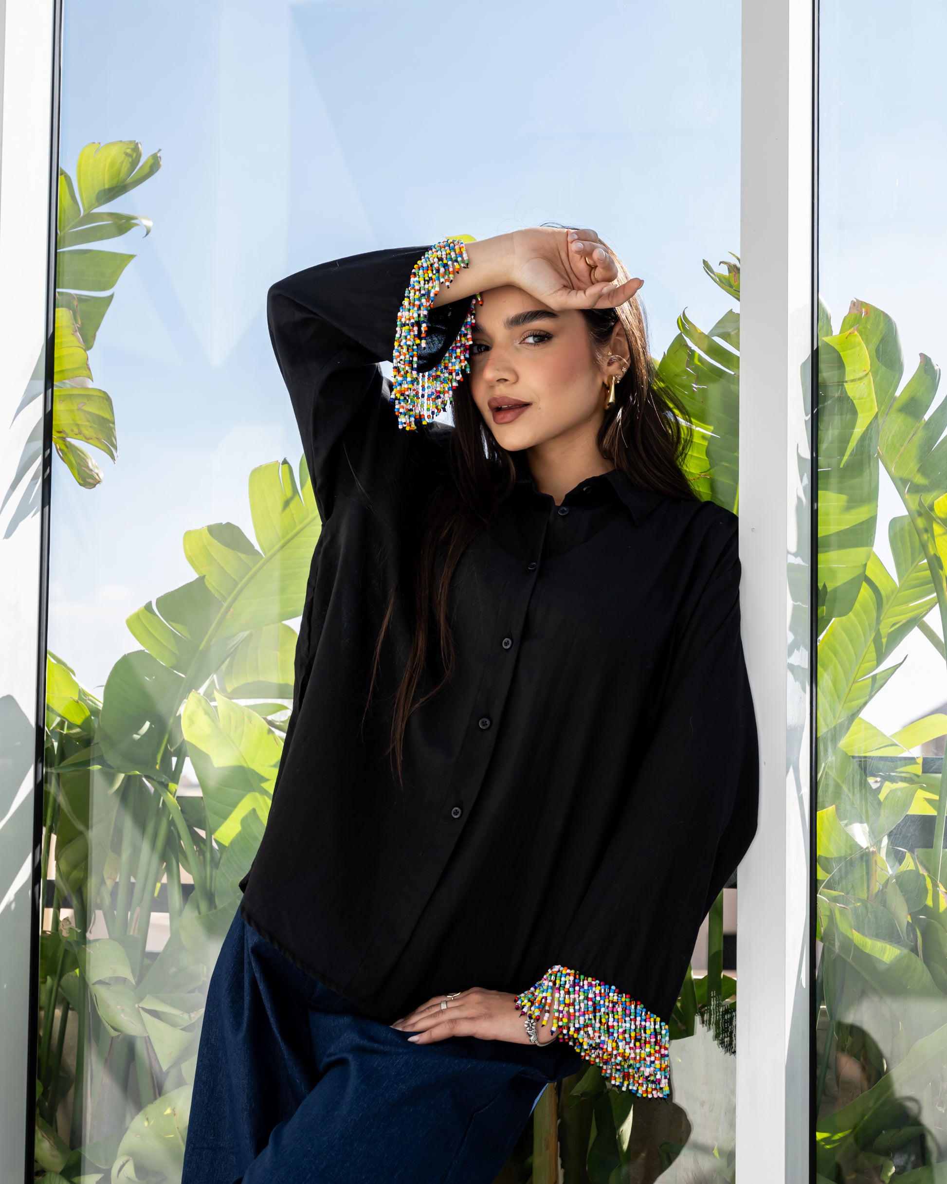 Linen Beads Shirt in Black