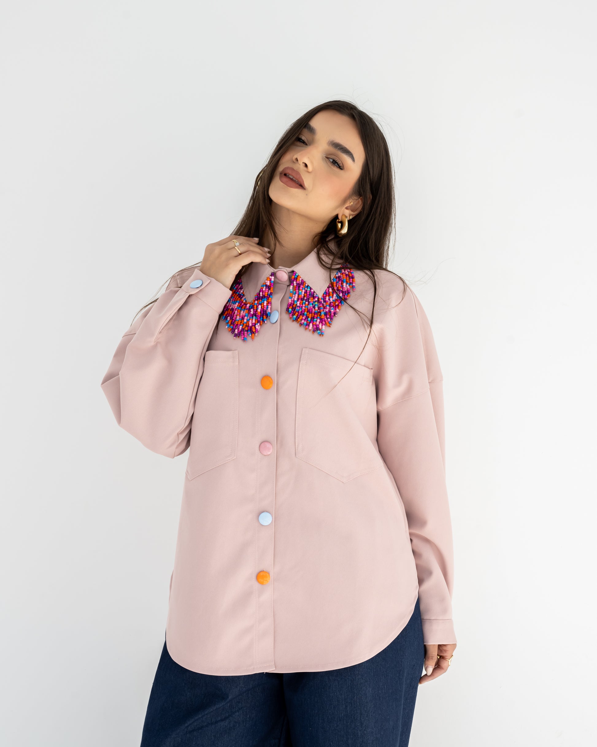Beaded Bloom Denim Shirt in Pink