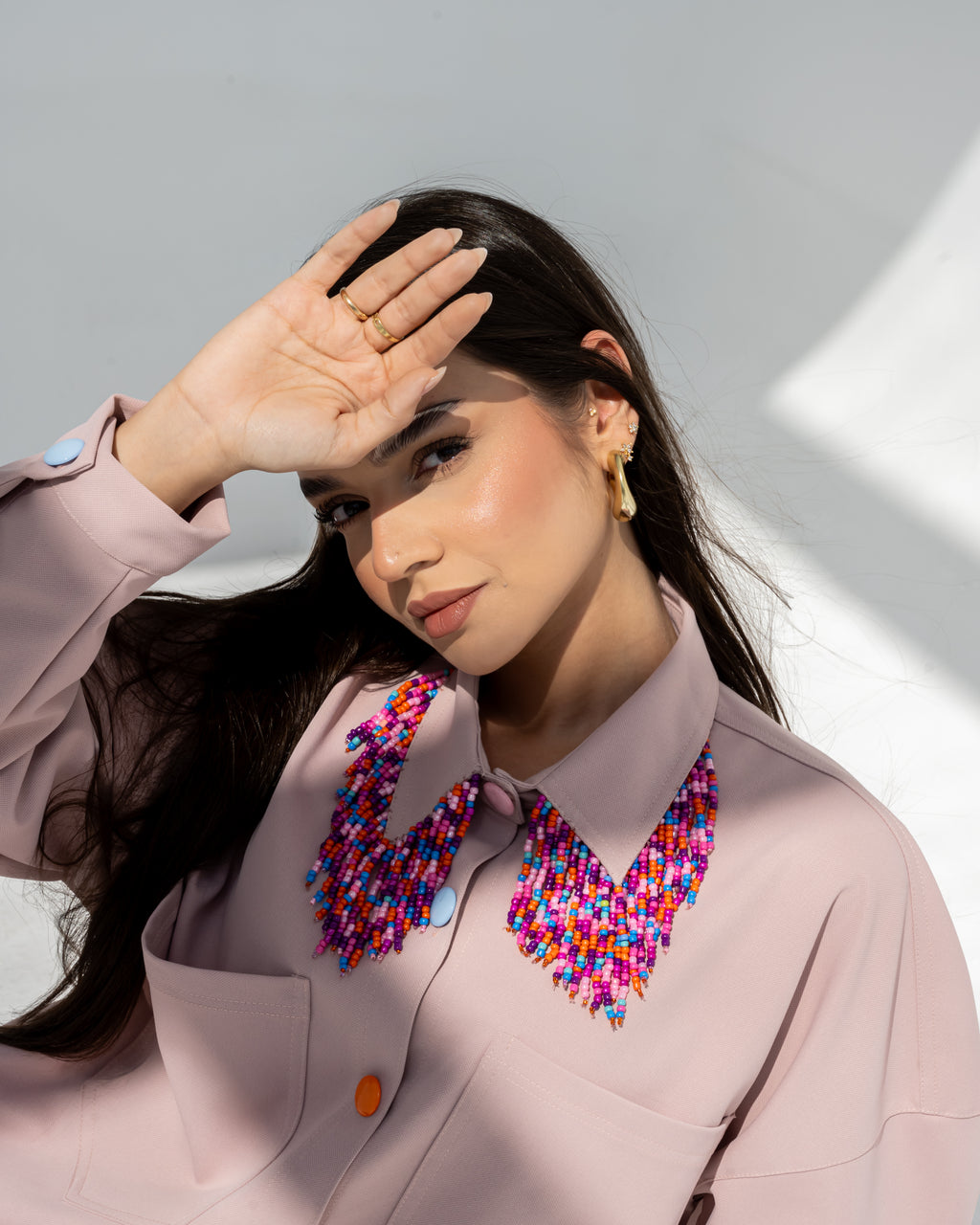 Beaded Bloom Denim Shirt in Pink