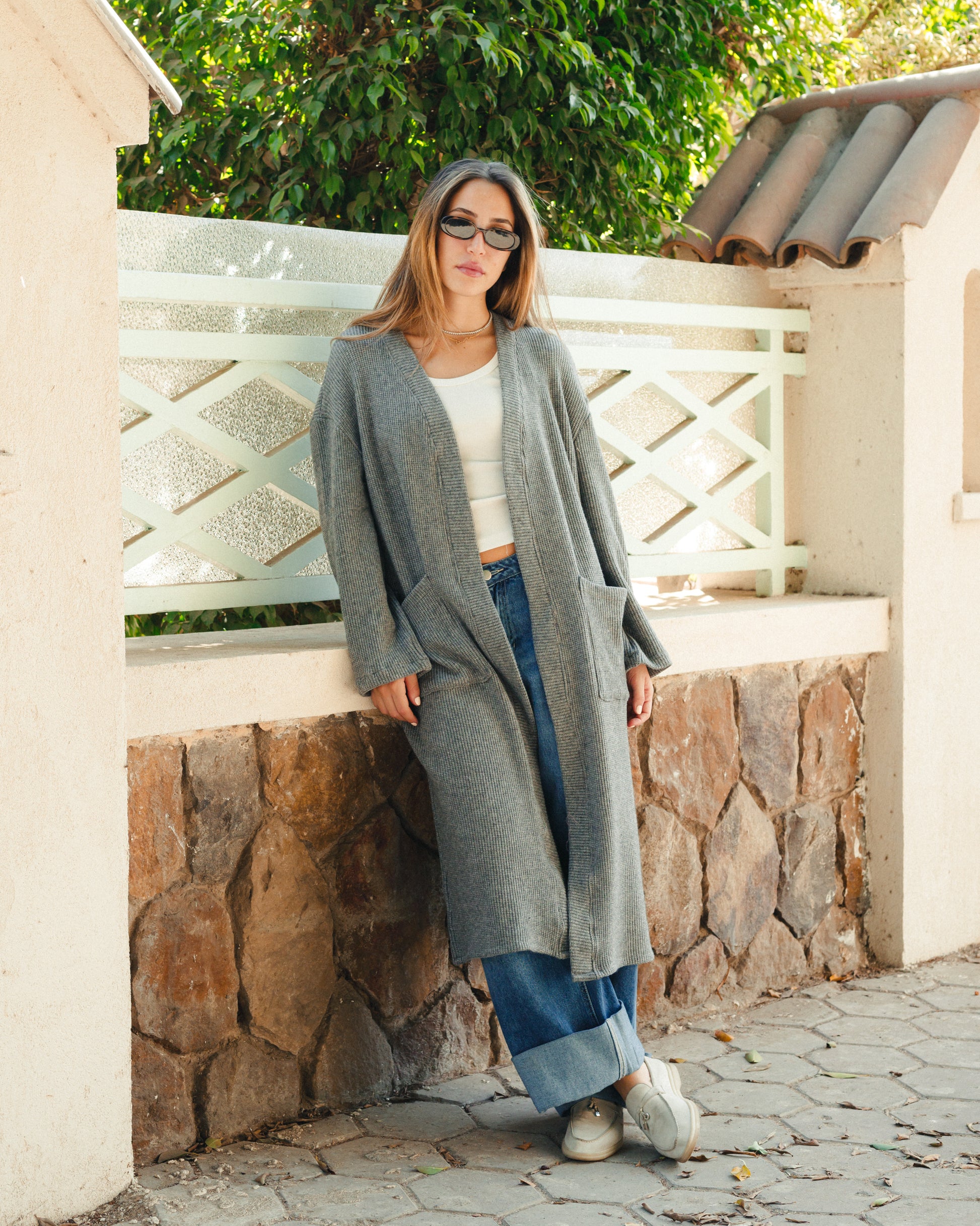 Knit Tricot Pockets Cardigan in Grey