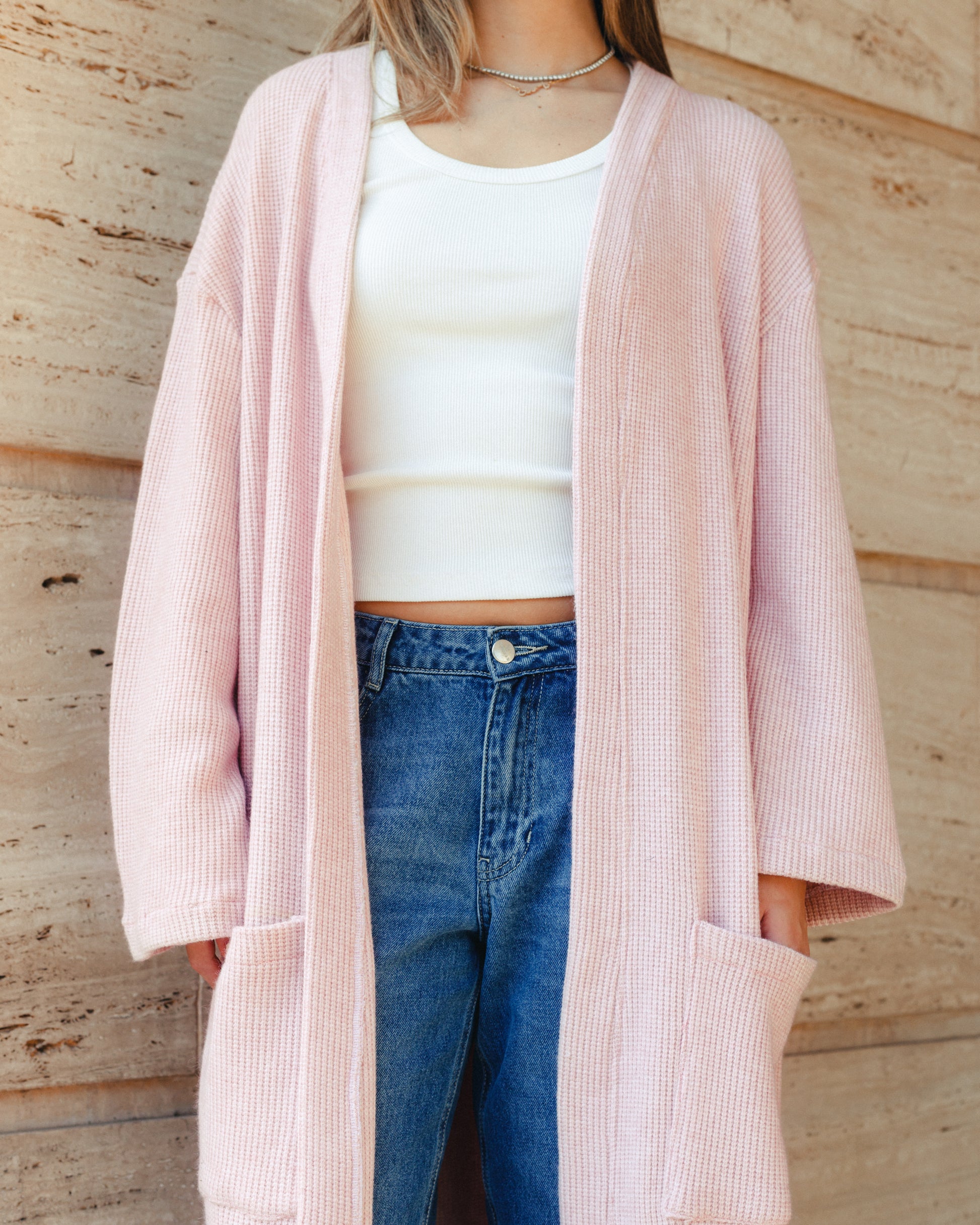 Knit Tricot Pockets Cardigan in Pink