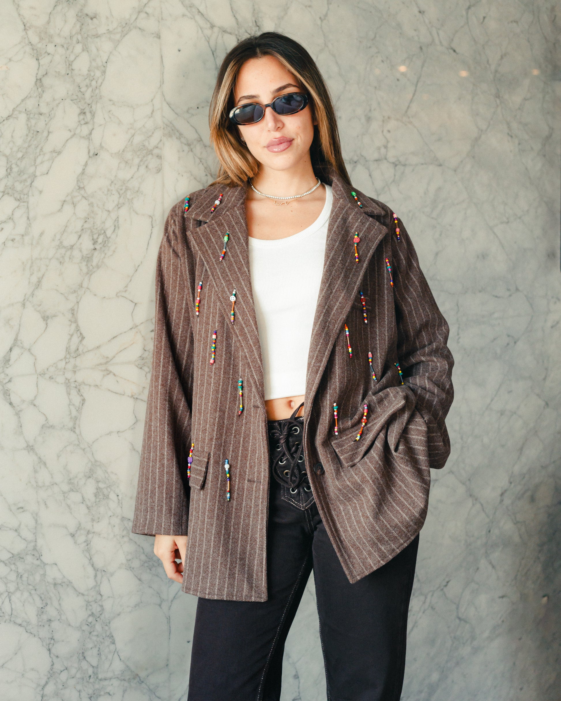Bead Party Blazer in Brown