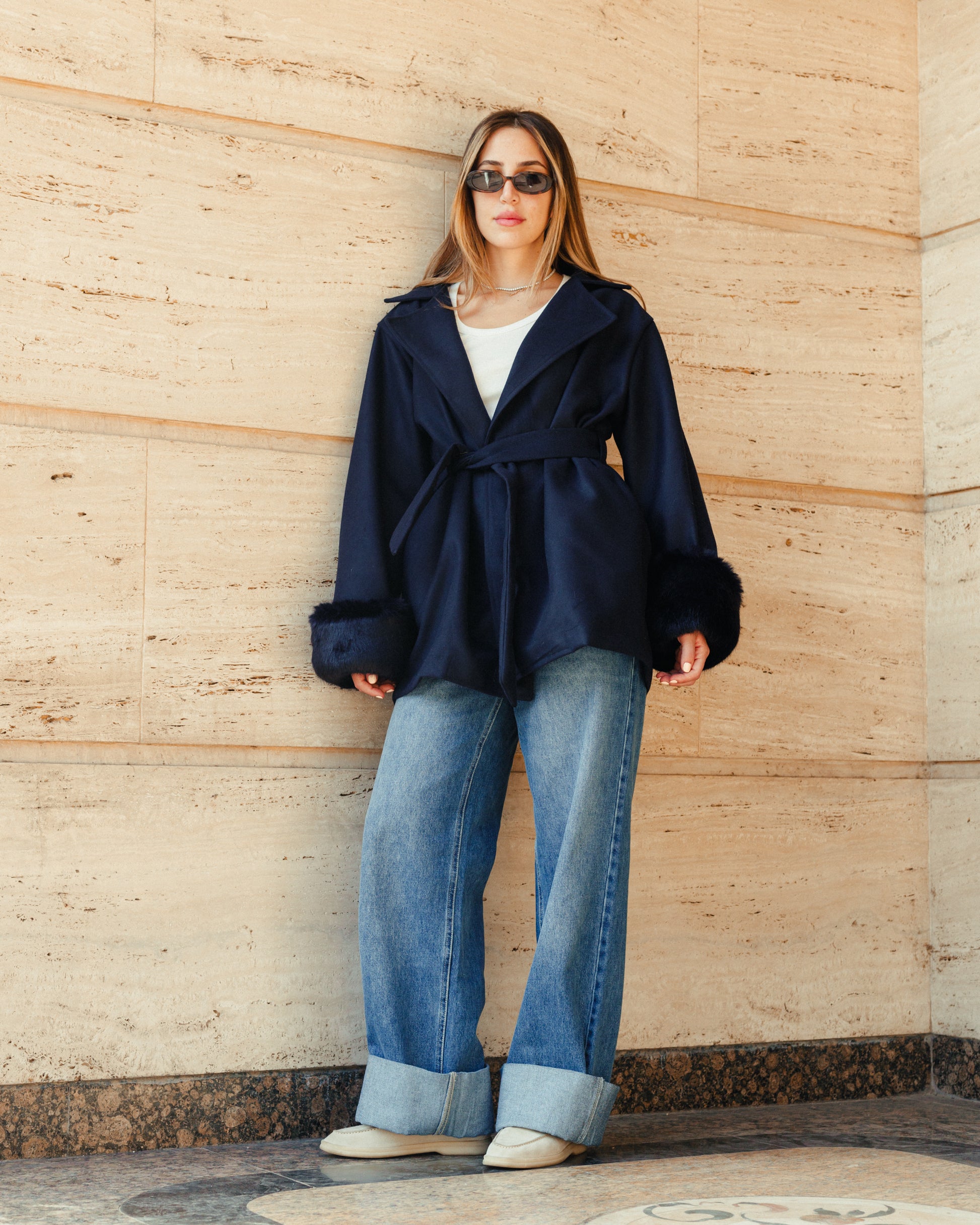 The Fur-Cuff Wool Jacket in Navy Blue