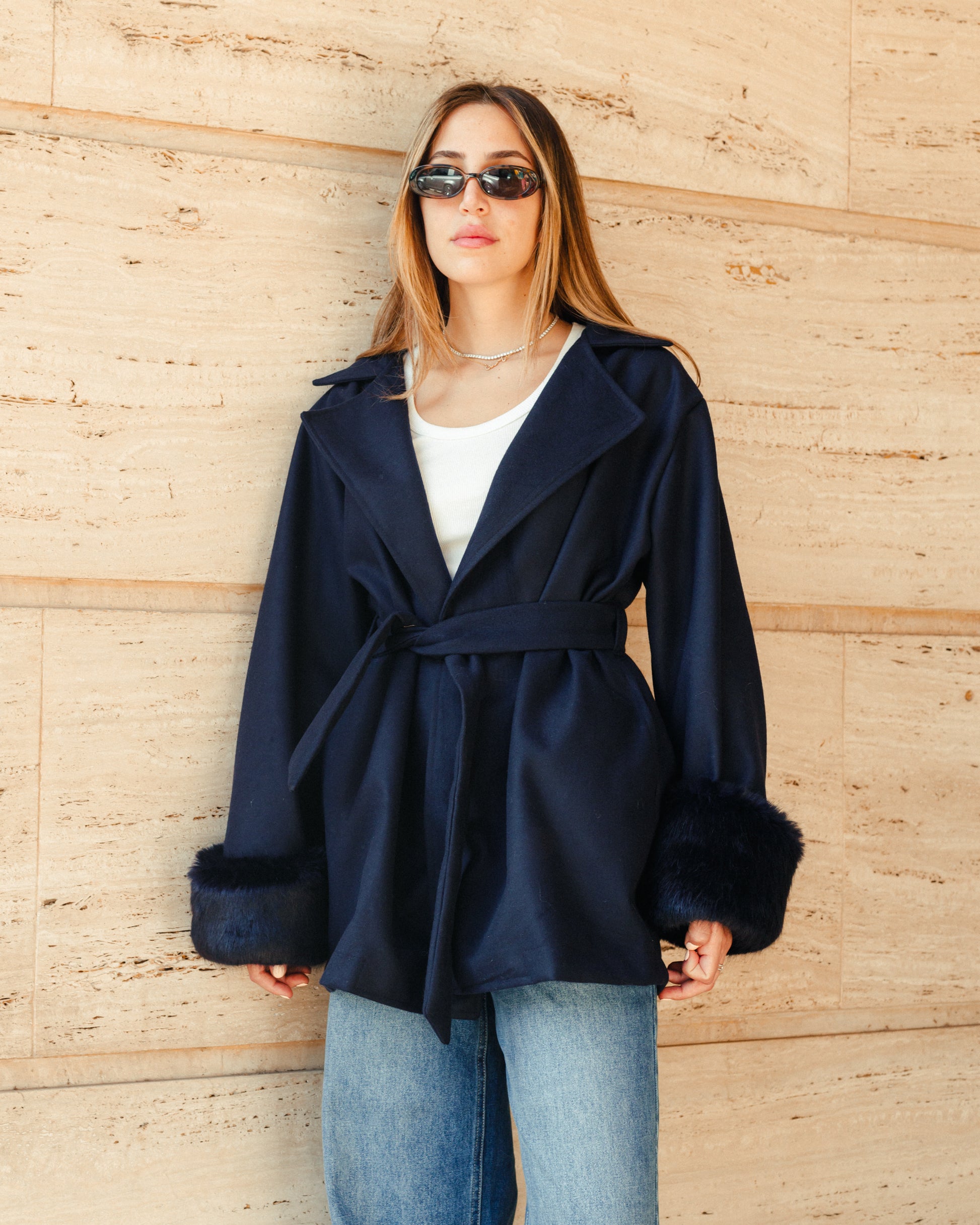 The Fur-Cuff Wool Jacket in Navy Blue