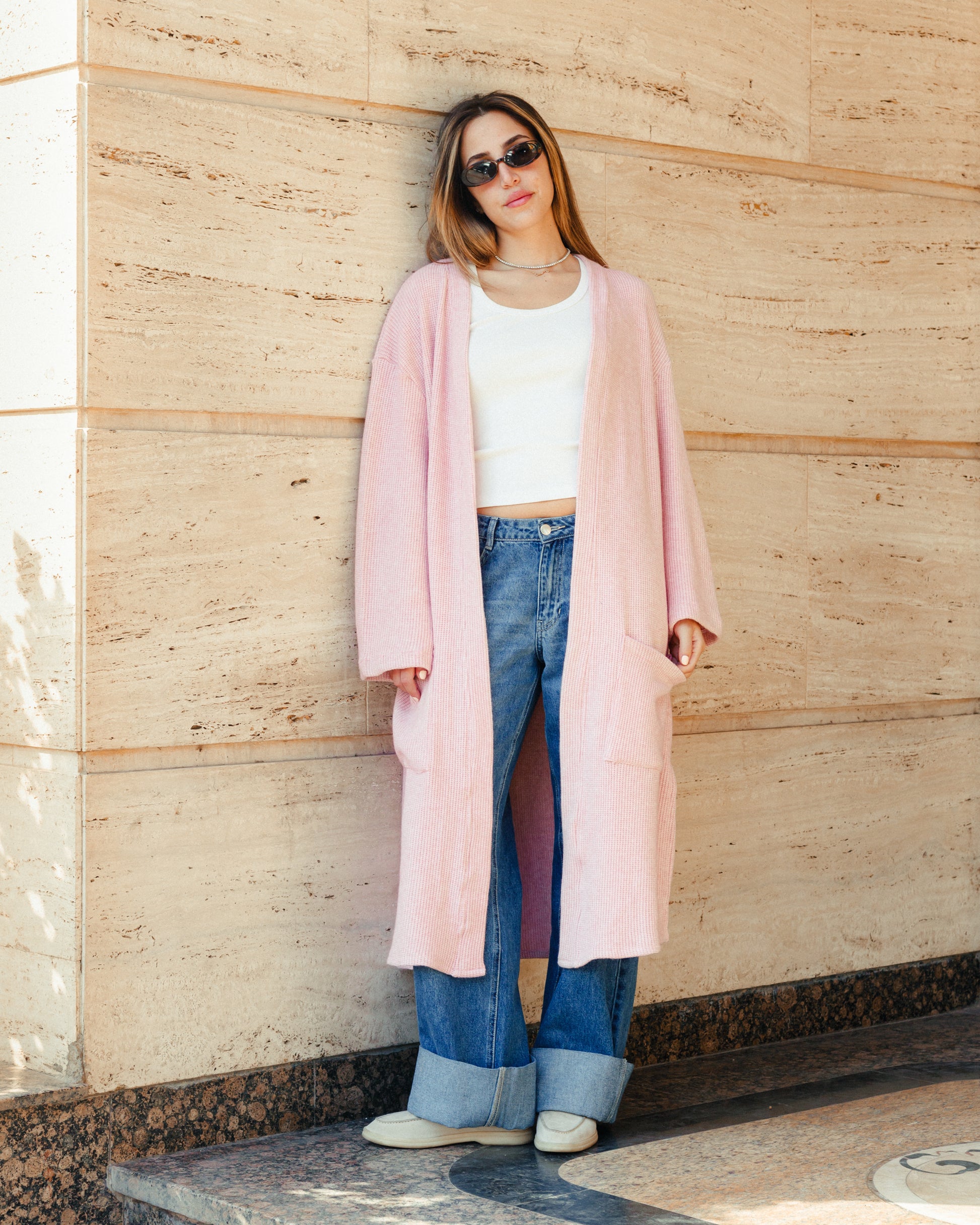 Knit Tricot Pockets Cardigan in Pink