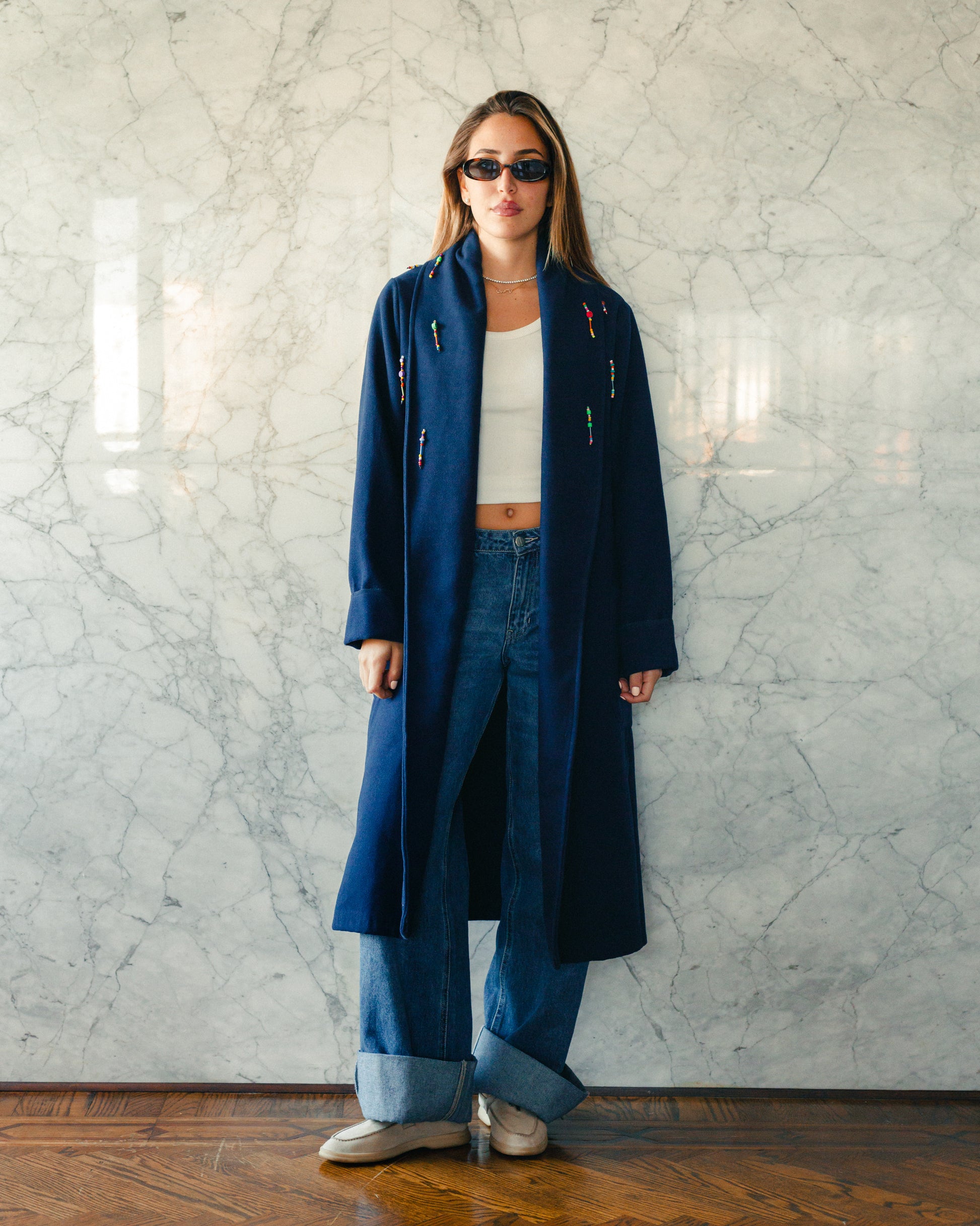 Wool Bead Party Coat in Navy Blue