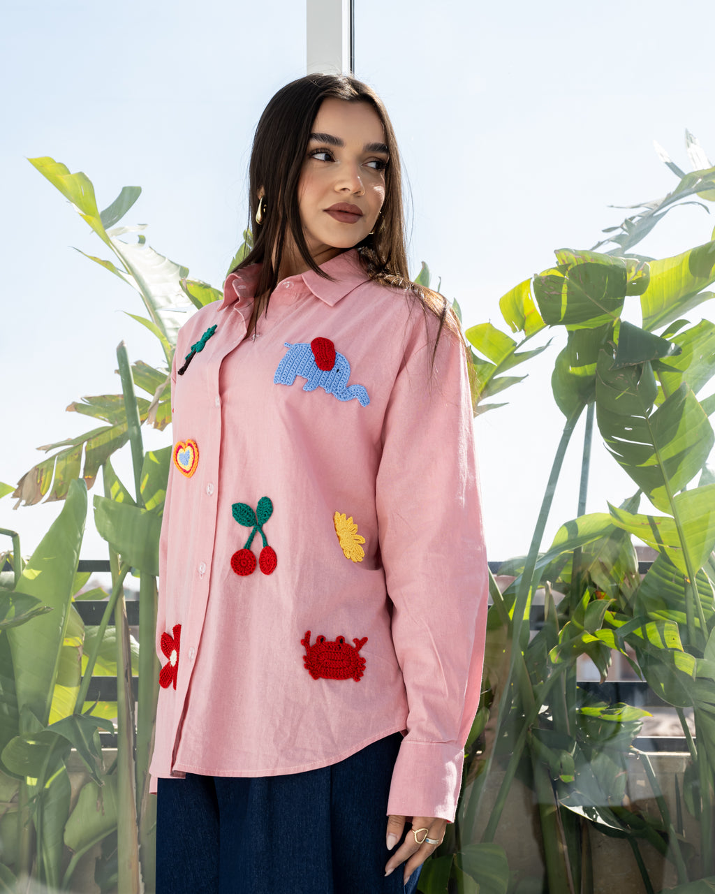 Linen Crochet Patch Shirt in Pink