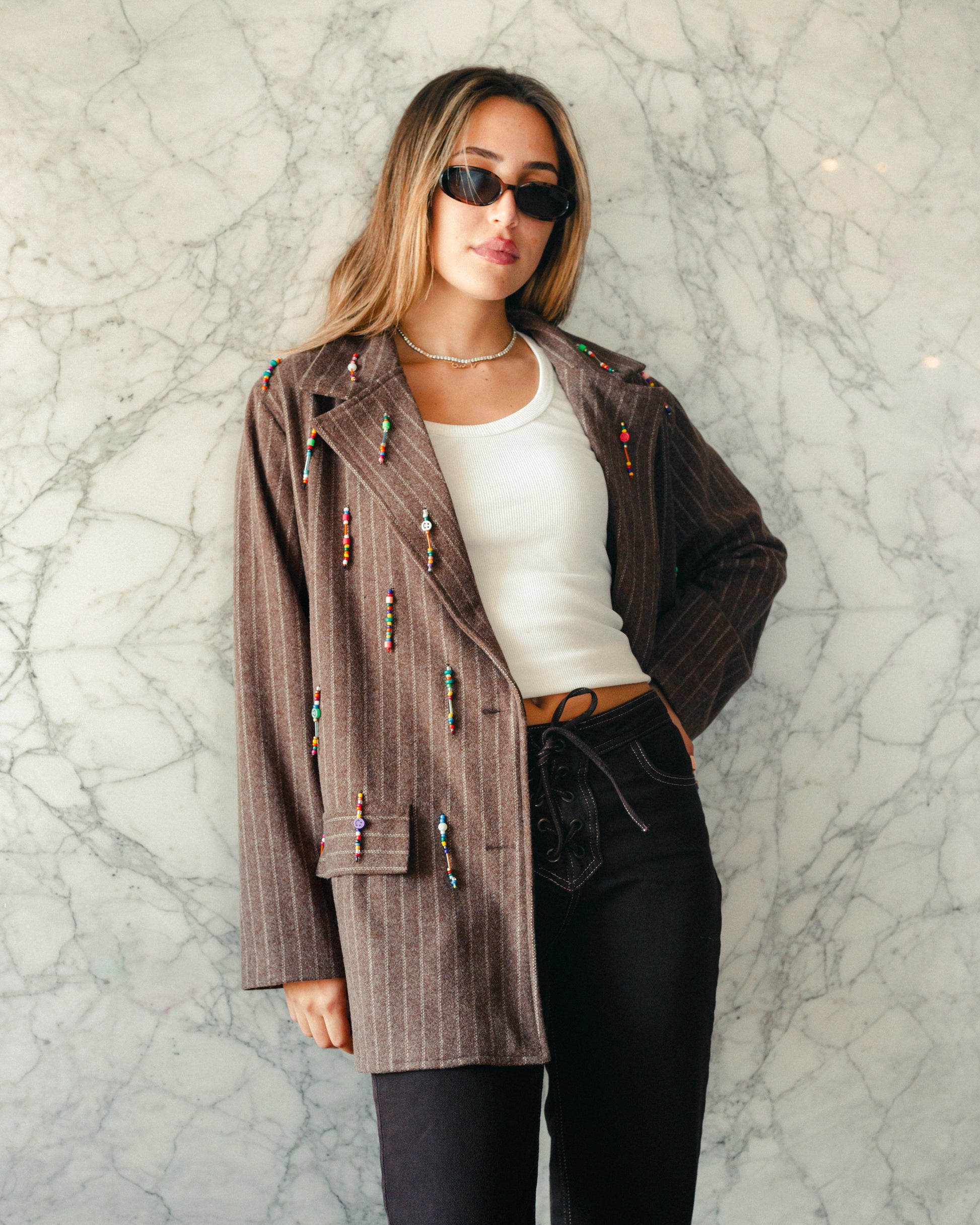 Bead Party Blazer in Brown