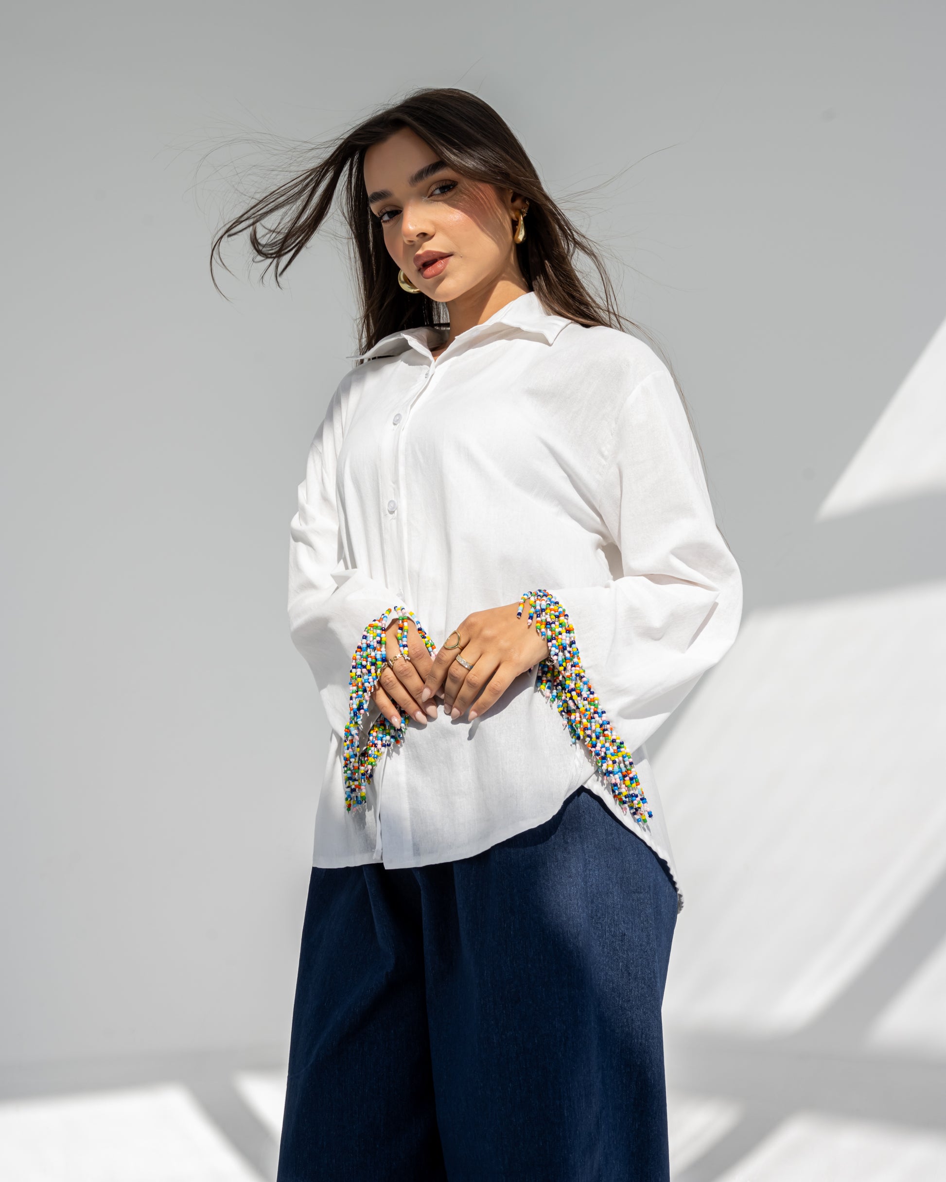 Linen Beads Shirt in White